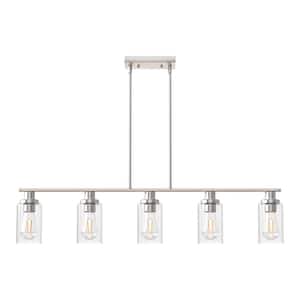 5-Light Brushed Nickel Island Pendant Light with Clear Glass Shades, Rod Hanging Design, E26 Base, Bulbs Not Included