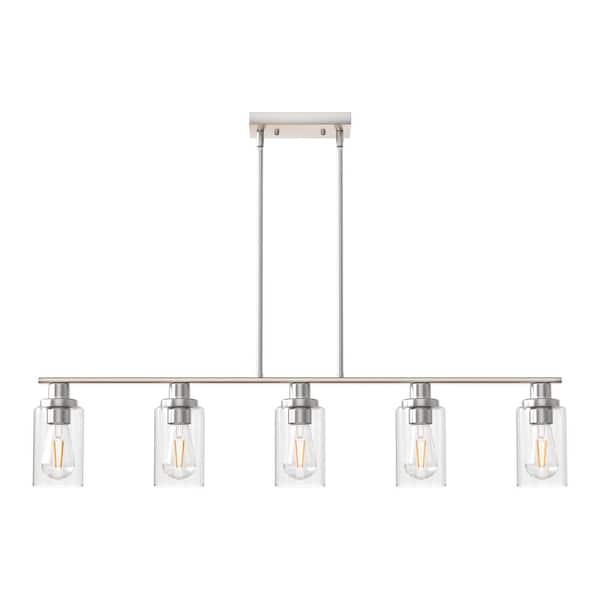 5-Light Brushed Nickel Island Pendant Light with Clear Glass Shades, Rod Hanging Design, E26 Base, Bulbs Not Included