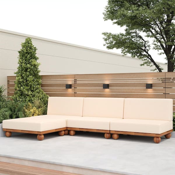 SCOTT LIVING Steffi Modern 4-Piece Solid Wood L-Shape Outdoor Patio Sectional Sofa Set with Ottoman and Beige Cushions, Round Legs