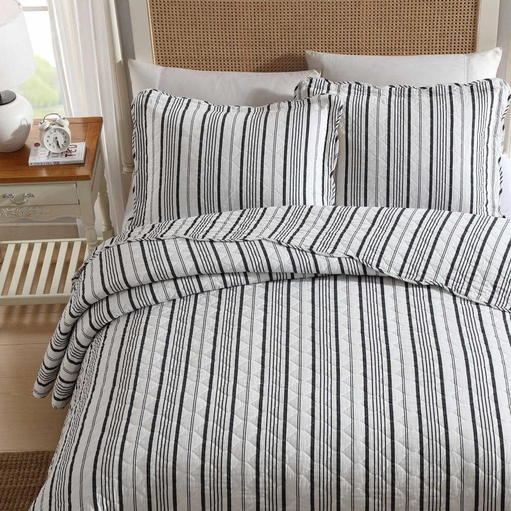 Gray and White Striped Cotton Twin Quilt Set