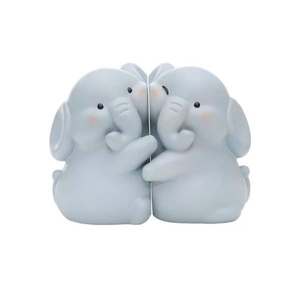 Angel Sar Blue Resin Cute Hug Elephants Decorative Bookends, Creative Book Holder Stopper for Home and Office