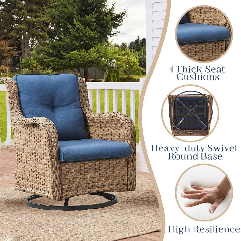 Yellow Wicker Outdoor Rocking Chair with Blue Cushions