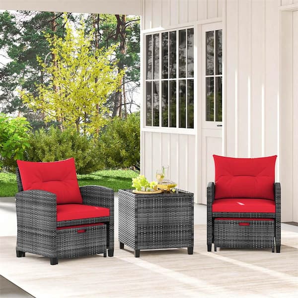 Costway 5-Piece Wicker Ottomans and Tempered Glass Coffee Table Patio Conversation Set with Red Cushions