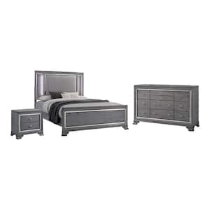 Tannon 3-Piece Light Gray King Wood Bedroom Set, Bed, Nightstand and Dresser