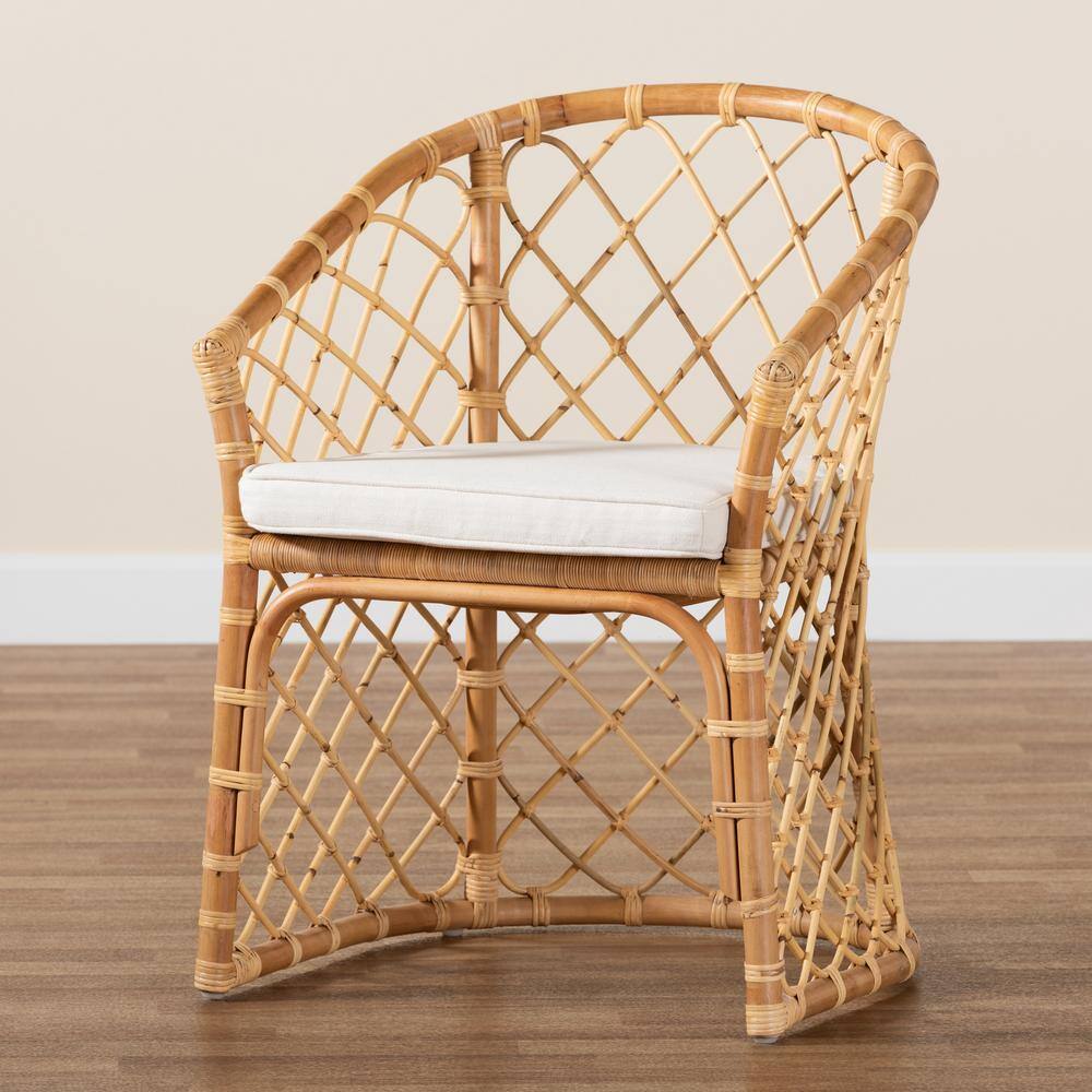 Serene Bohemian White Fabric and Natural Rattan Dining Chair