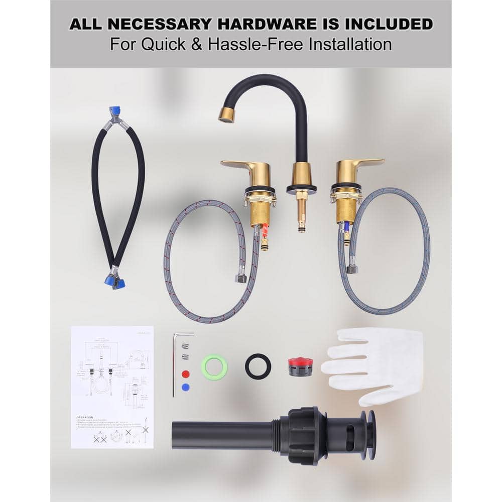 8-Inch Black and Gold Double Handle Widespread Bathroom Faucet