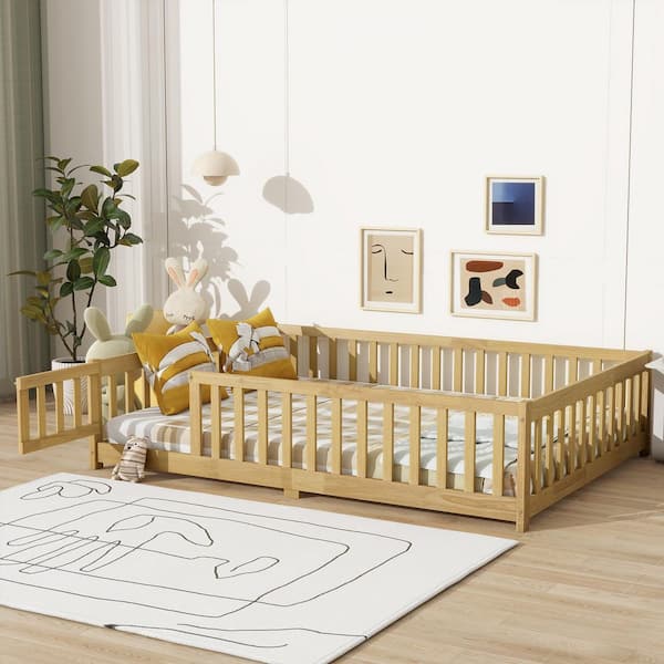 Natural Yellow Rubber Wood Frame Full Size Platform Bed with Fence, Door and Safety Guardrails