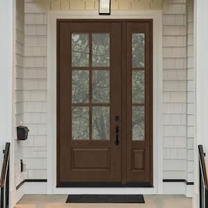 Regency 53 in. x 96 in. 3/4-6 Lite Clear Glass LH Hickory Stain Mahogany Fiberglass Prehung Front Door w/14in.SL