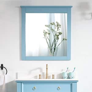 32 in. W x 33 in. H Rectangular Framed Wall Mounted Moisture-proof Solid Wood Bathroom Vanity Mirror in Blue,Easy Hang