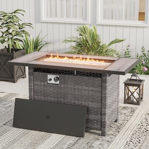 45 in. 50000 BTU Rectangle Grey Wicker Fire Pit Table Patio Propane Gas with Tempered Glass Tabletop Clear