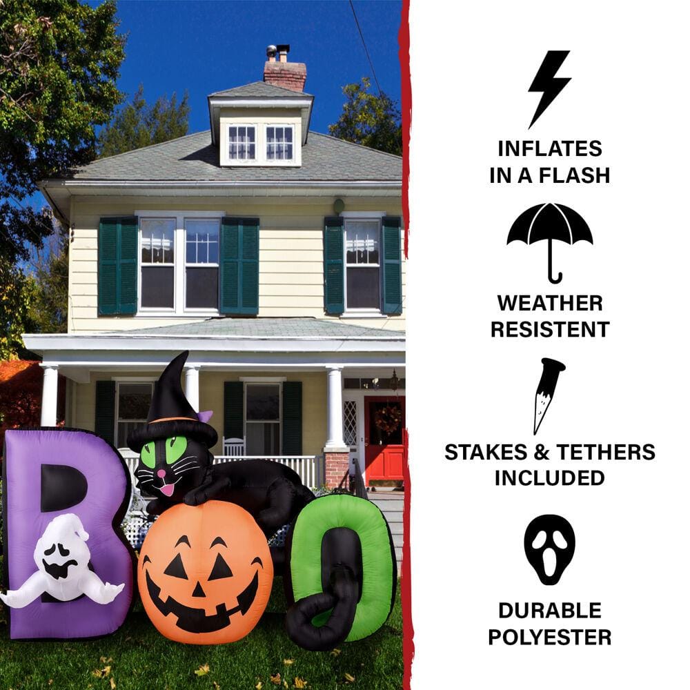 5-Foot Inflatable Halloween Boo Sign with Black Cat and Jack-O-Lantern