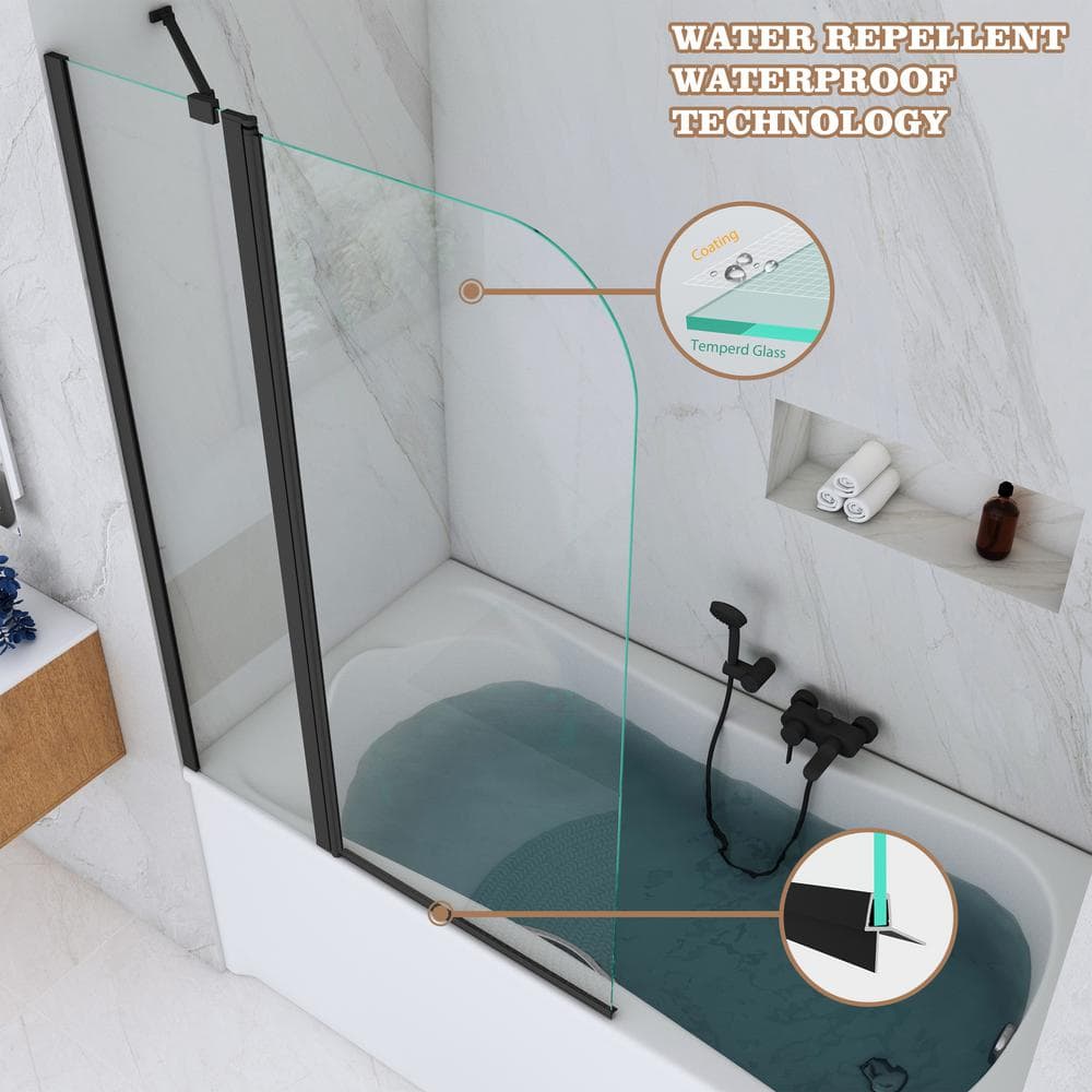 Matte Black Frameless Hinged Tub Door with Clear Tempered Glass