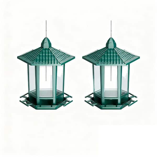 Green Retro Pagoda Plastic Hanging Bird Platform Feeder with Transparent Panel for Wild Birds with 4 Perches (2-Pack)