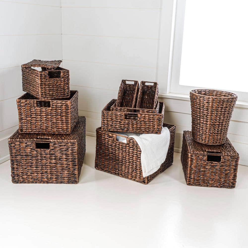 Handwoven Dark Brown Hyacinth Storage Basket Set with Iron Frame