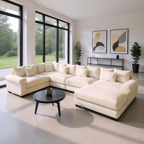 YSYJST 154.6 in. Straight Arm 6-Piece Corduroy Modular Sectional Sofa with Ottoman and Ergonomic Design in Creamy Beige