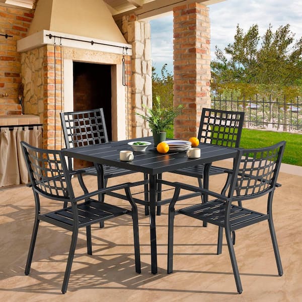 Nuu Garden Black 5-Piece Iron Outdoor Dining Set, 4 Chairs and 37 in. Square Dining Table with Umbrella Hole