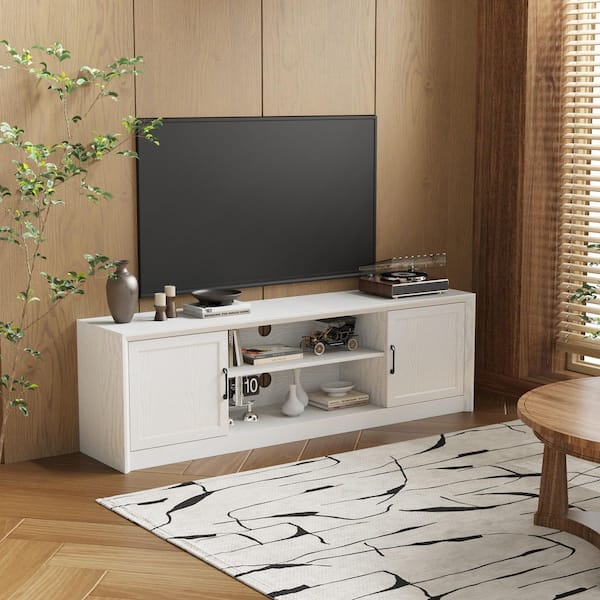 White Wood Grain TV Console for TVs up to 75 in., with 70.9 in. Width, Storage Cabinets and Black Metal Handles