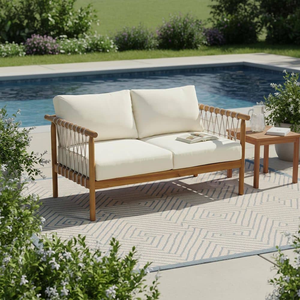 Davin Wood 48.82 Patio Outdoor 2-Seater Rope Loveseat in Teak with Beige Cream Cushions price history on PriceWatchPro