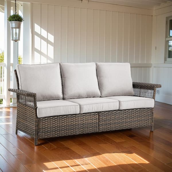 Opohoro GliderNet Metal and Brown Wicker Outdoor 3-Seat Sectional Couch Sofa with Olefin Beige Cushions