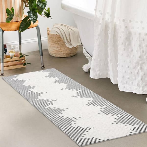 Washable 2X6ft Modern Striped Printed Rug Low Pile Soft Thin Carpet Stain Resistant Non-Slip, Beige