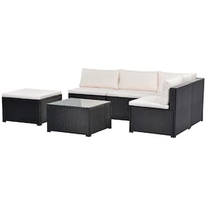 Black 6-Piece Wicker Patio Conversation Sectional Seating Set with Beige Cushions