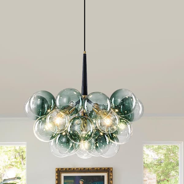 Alma 6-Light 24.8 in.W Brass and Black Cluster Bubble Chandelier with Green Tinted Glass for Nursery (Bulbs Included)