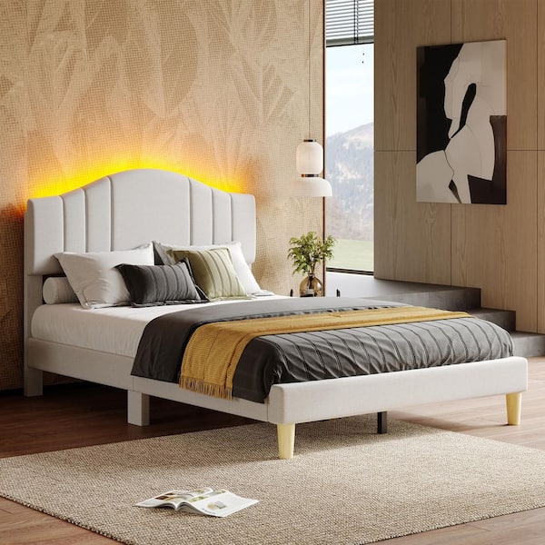 PINMOCO Beige Wood Frame Full Upholstered Platform Bed Scalloped Bed Frame with LED Adjustable Arc Headboard