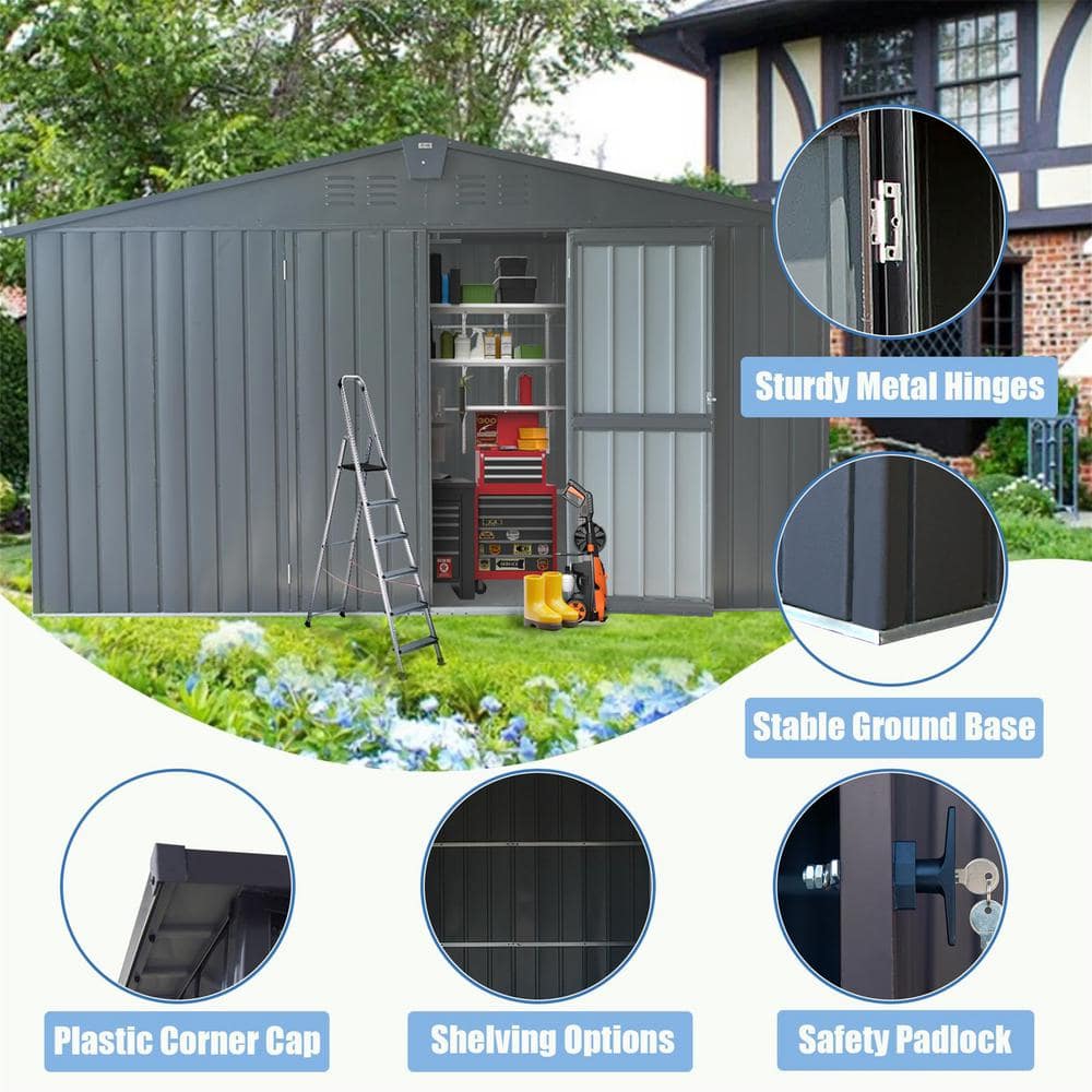 Large Gray Metal Outdoor Garden Shed with Double Doors and Windows