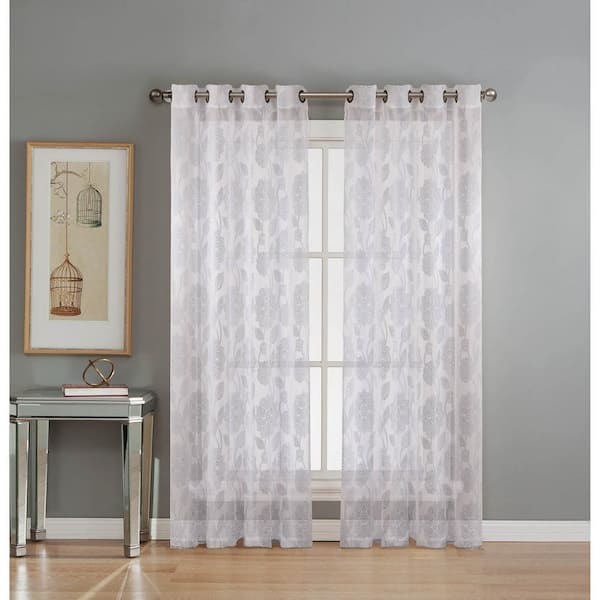 Window Elements Sheer Avery Cotton Blend Burnout Sheer Extra Wide 84 in. L Grommet Curtain Panel Pair, White (Set of 2)