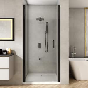 36 to 37-1/4 in. W x 72 in. H Pivot Swing Frameless Shower Door in Black with Clear Glass