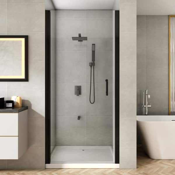 TOOLKISS 36 to 37-1/4 in. W x 72 in. H Pivot Swing Frameless Shower Door in Black with Clear Glass