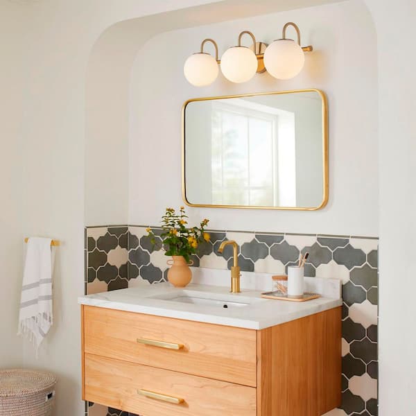 Lucie 22.64 in. 3-Light Gold Bathroom Vanity Light with Opal Glass Shades