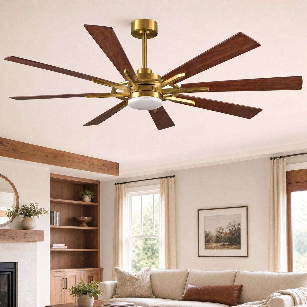 60 in. Soft Brass with Mahogany Walnut Blades Downrod Mount Windmill Ceiling Fan with Integrated LED Light with Remote price history on PriceWatchPro