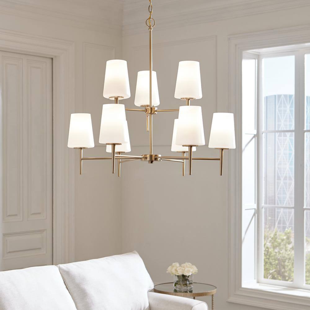 Satin Brass and Opal Glass 9-Light Chandelier