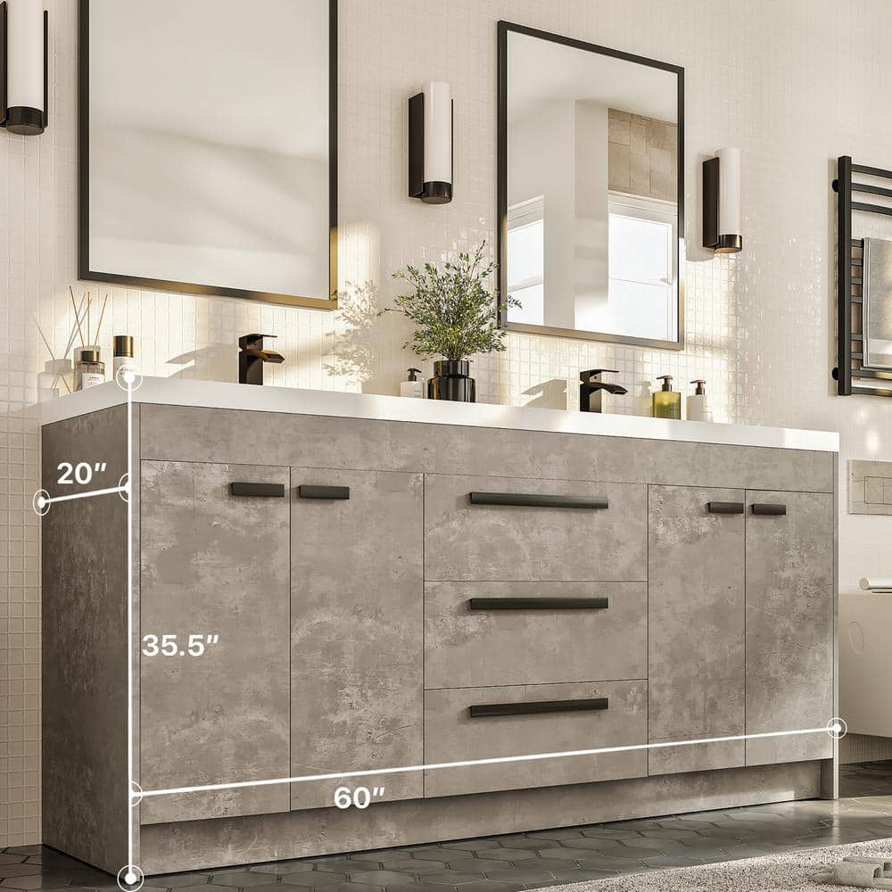 Lugano 60" Cement Gray Double Sink Modern Bathroom Vanity