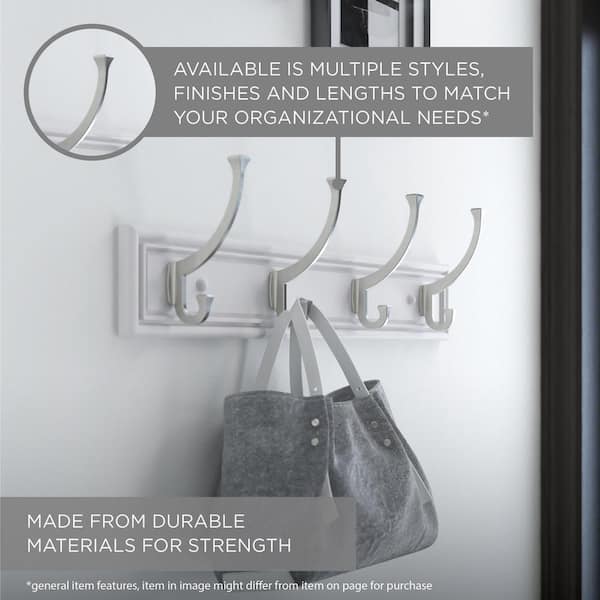 27-inch Utility MDF Hook Rack with 5 Metal Coat Hooks, White and Brushed  Nickel Finish