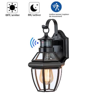 1-Light Black Finish Metal and Brass Motion Sensing Dusk to Dawn Outdoor Wall Lantern Sconce with Tempered Clear Glass