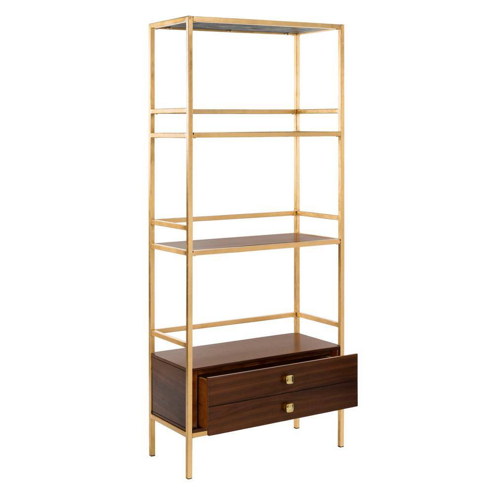 Mateo Gold and Walnut 4-Tier Etagere with Drawer
