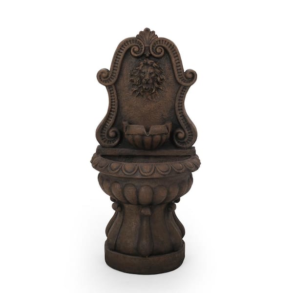Lion Head 36.25 in. Electric Resin Waterfall Fountain with LED Lights, Weather Resistant Faux Stone in Antique Brown