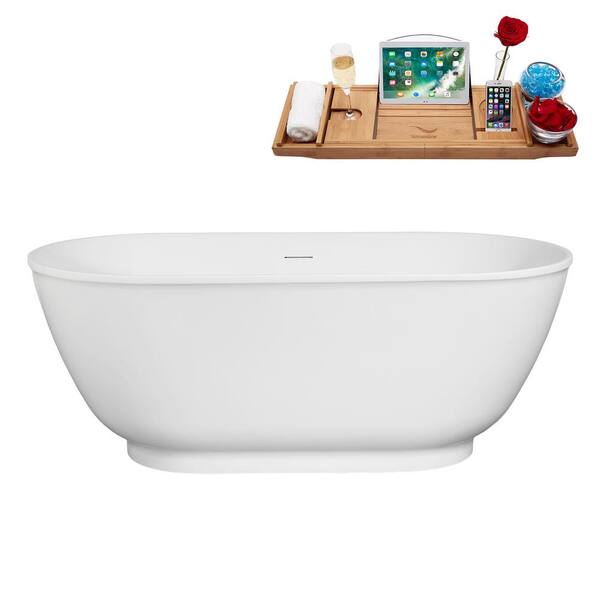Streamline 59 in. x 29 in. Acrylic Freestanding Soaking Bathtub in Glossy White with Matte Oil Rubbed Bronze Drain, Bamboo Tray