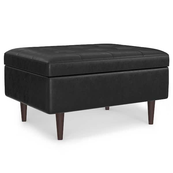 Simpli Home Shay 34 in. Small Rectangle Coffee Table Storage Ottoman in Distressed Black Vegan Faux Leather, Assembled