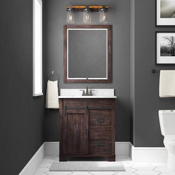 Brindley 30 in W x 20 in D x 35 in H Single Sink Freestanding Vanity in Dark Walnut w/ Veined White Engineered Stone Top