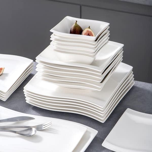 MALACASA Plates Set, Porcelain Dinnerware Sets for 6, 26-Piece Square Dish  Ivory White, Series Flora