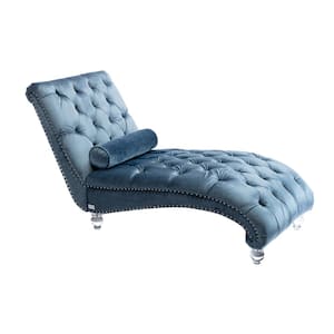 Light Blue Velvet Leisure Concubine Chaise Lounge with Nail Head Design and 1 Pillow