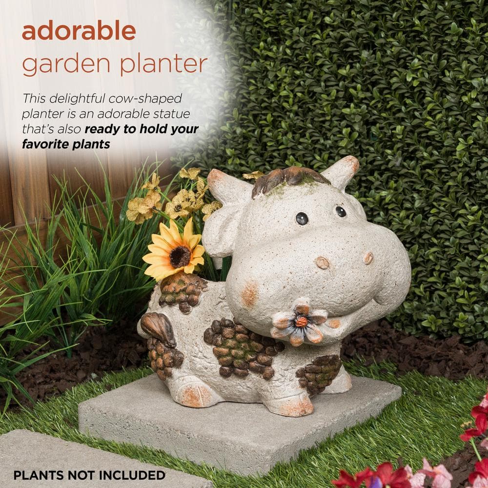 Gray Ceramic Smiling Cow Novelty Outdoor Planter with Drainage Hole