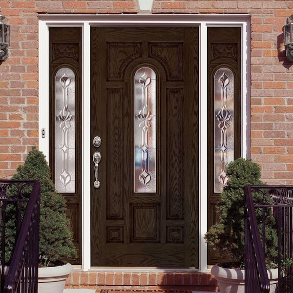 67.5 in.x81.625 in. Medina Zinc Center Arch Lite Stained Walnut Oak Left-Hand Fiberglass Prehung Front Door w/Sidelites
