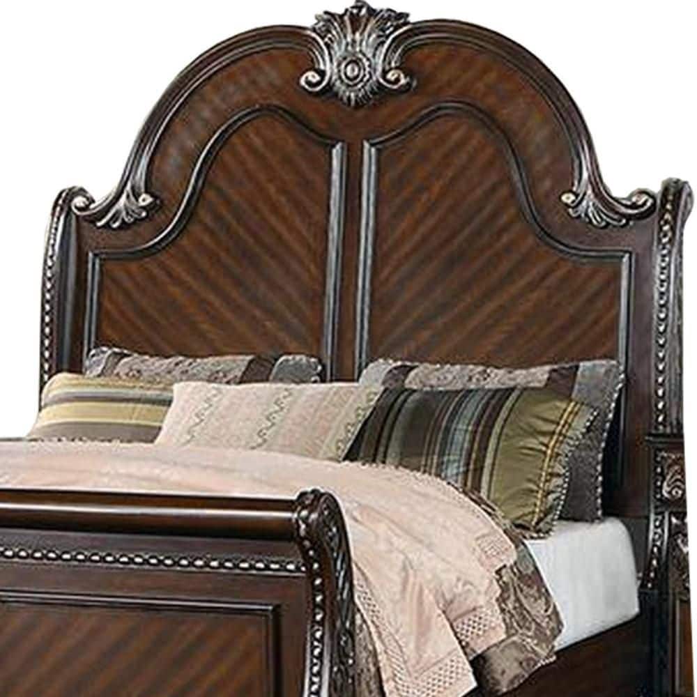 Qoz Dark Walnut Wood Queen Bed with Carved Scalloped Headboard