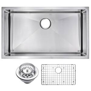 Undermount Stainless Steel 32 in. Single Bowl Kitchen Sink with Strainer and Grid in Satin