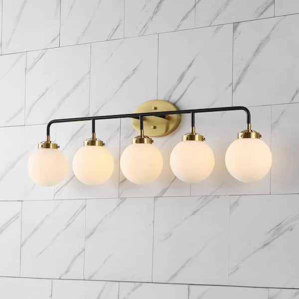 JONATHAN Y Caleb 38 in. 5-Light Contemporary Transitional Iron/Glass LED Vanity Light, Brass Gold/Black/White