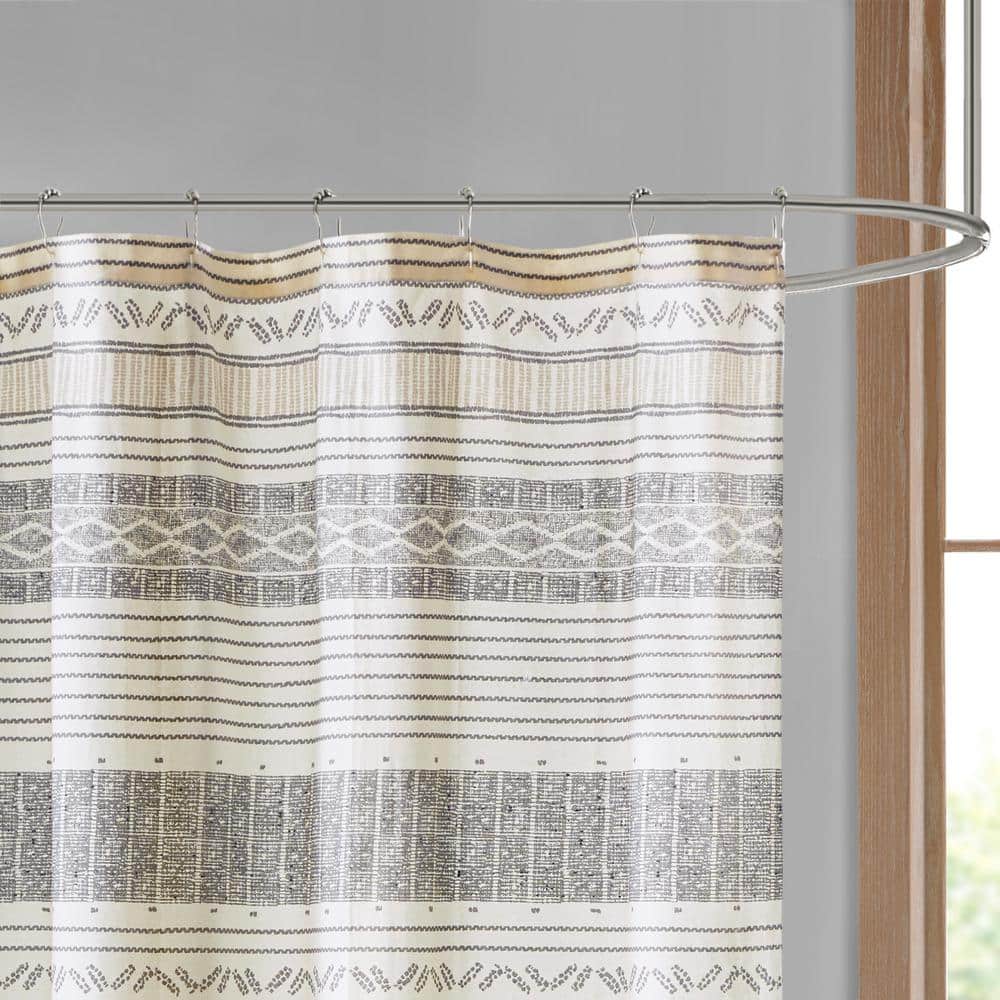Gray and Yellow Cotton Striped Shower Curtain with Tassels